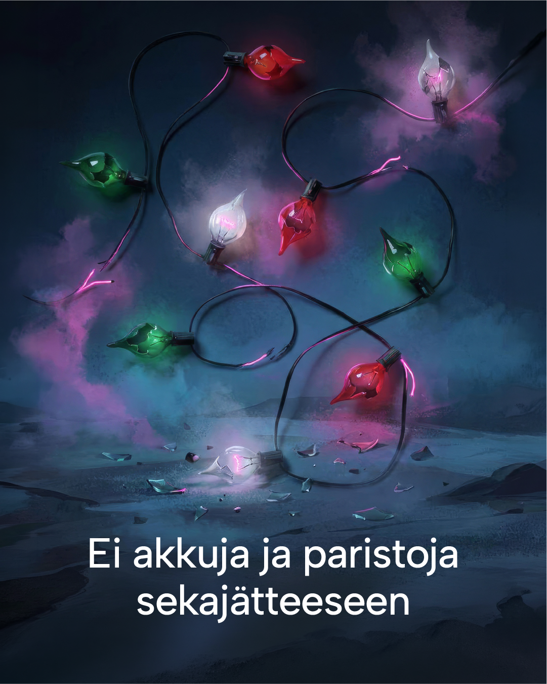 Kuvituskuvassa piirros rikkinäisistä kausivaloista sekä teksti: Ei akkuja ja paristoja sekajätteeseen.